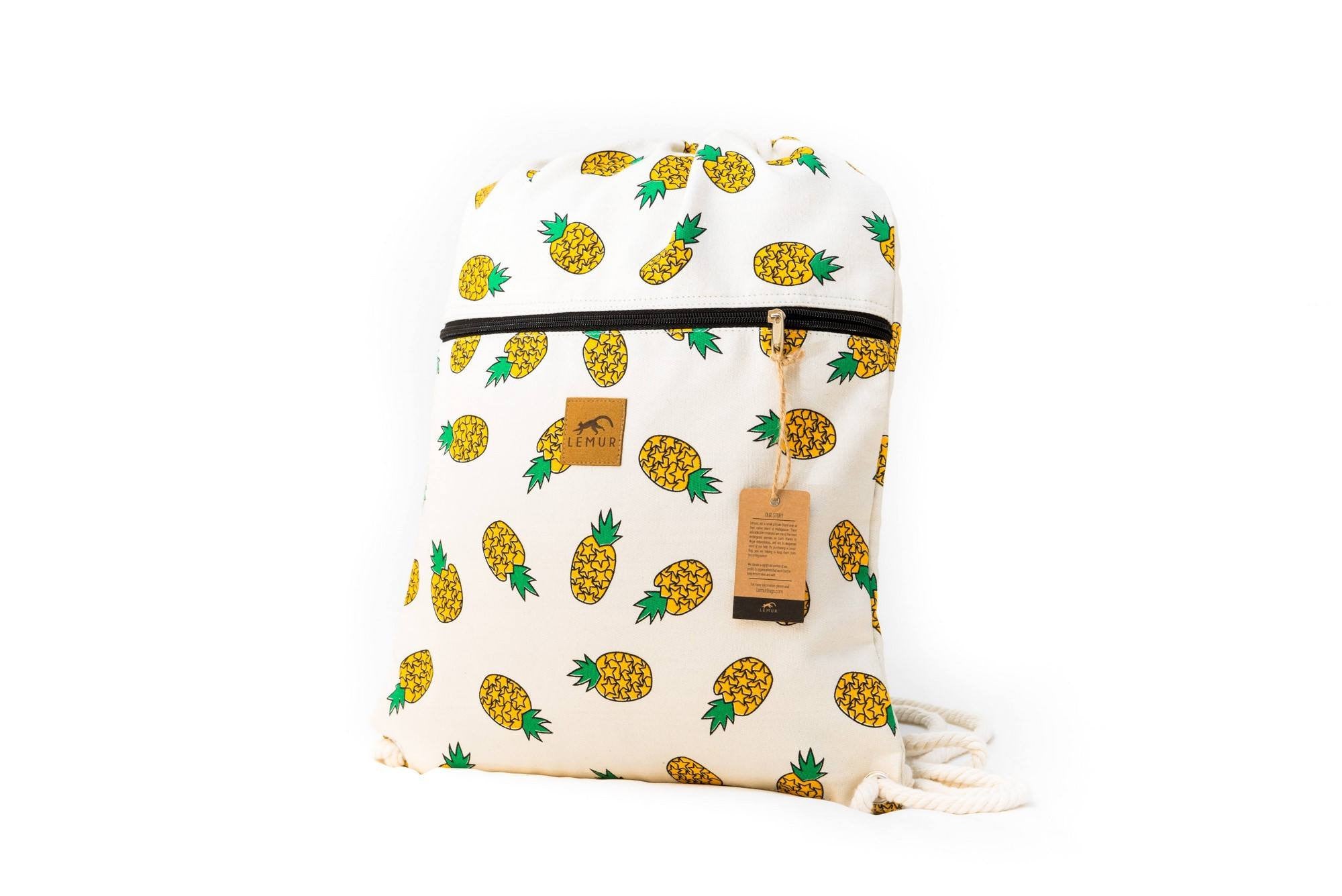 Drawstring Backpack - Drawstring Backpack - Canvas Cinch Daypack Sackpack By Lemur Bags (Pineapples)